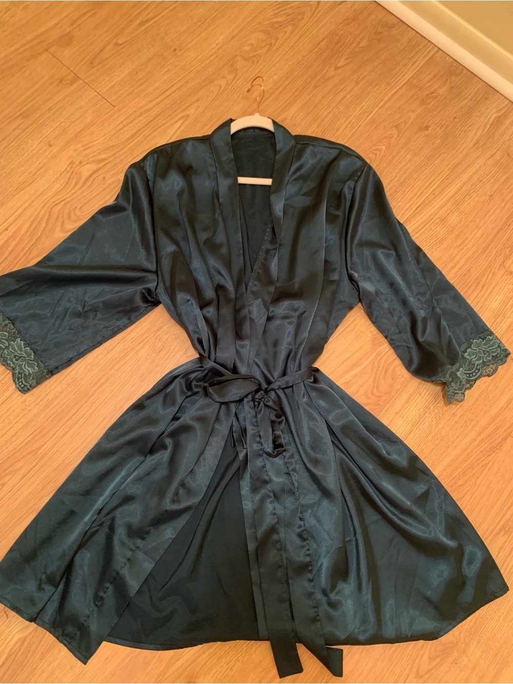 Silky SATIN Lace-Trim Kimono Robe in Deep Teal